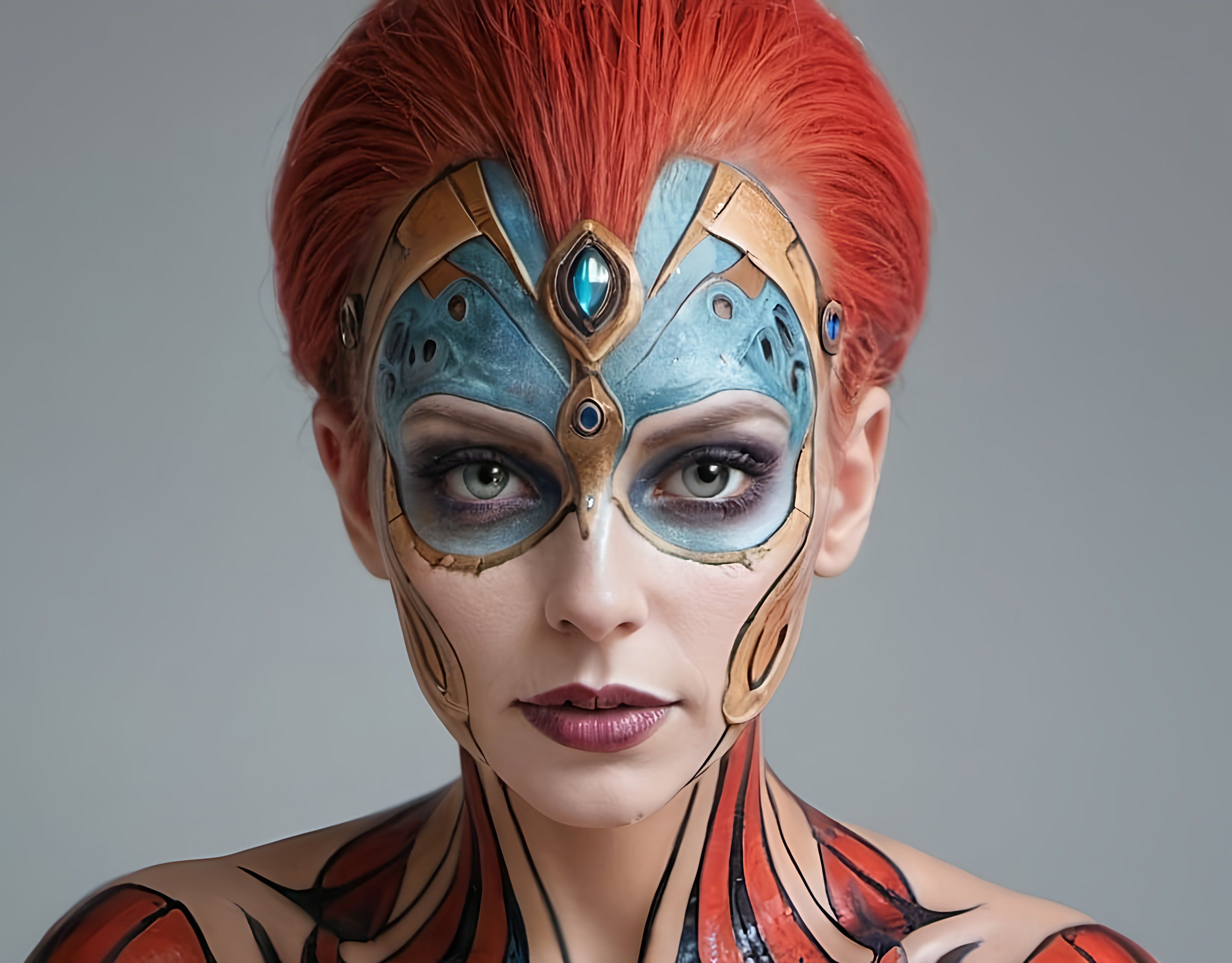 Prompt: a woman with red hair and a face painted like a butterfly with blue and gold accents and a red mohawk, affinity photo