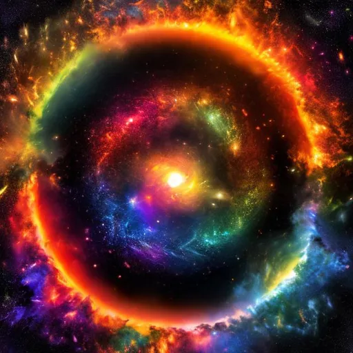 Prompt: water a fire flowing together with a rainbow colored sunset above and a rainbow colored portal with other galaxies in the middle of the portal