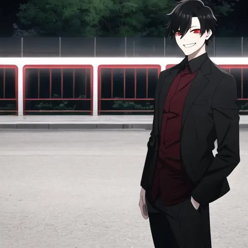 Prompt: Damien (male, short black hair, red eyes) in the park at night, grinning sadistically, casual outfit, dark out, nighttime