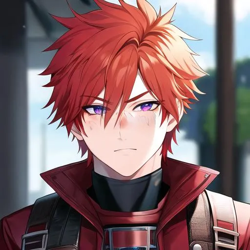 Prompt: Erikku male (short ginger hair, freckles, right eye blue left eye purple) UHD, 8K, Highly detailed, insane detail, best quality, high quality, Upset, muscular, riding a motorcycle