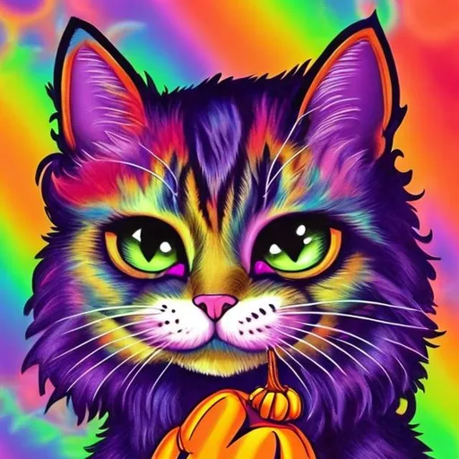 Prompt: Cat on Halloween in the style of Lisa frank