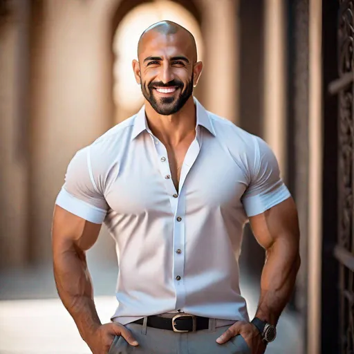 Prompt: Professional full-body  photoshoot of a handsome, beautiful, muscular  middle-Eastern man with a shaved head, wearing a short-sleeve button-up shirt, flexing his biceps, hyperdetailed {symmetrical eyes}, {defined shredded musculature, broad shoulders}, {sultry romantic} smile, center frame, diffused light, intricate detail, best quality, uhd, 8k, symmetry  