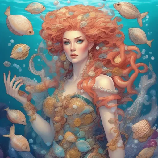 Prompt: A colourful and beautiful Persephone, in a beautiful flowing dress made of sea shells, scales, coral and gold coins, with octopus tentacles as her hair, in the ocean surrounded by fish. In a marvel comics style.