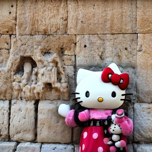 Prompt: hello kitty at the western wall jerusalem