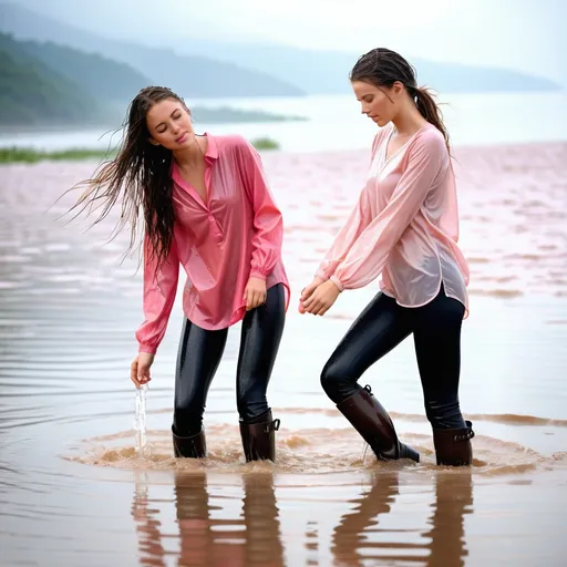 Prompt: photo of young woman, in soaking wet clothes, wet Brown knee high boots, Black leggings, Pink blouse,  , Wading in sea,   enjoying, wet clothes stuck to body,  detailed textures of the wet clothes, wet face, wet plastered hair,  wet, drenched, professional, high-quality details, full body view , Two girls 