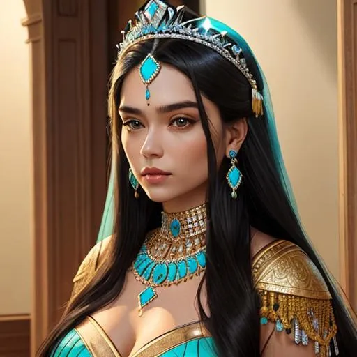 Prompt: Woman with long dark hair, wearing a turquoise studded tiara and jewelry