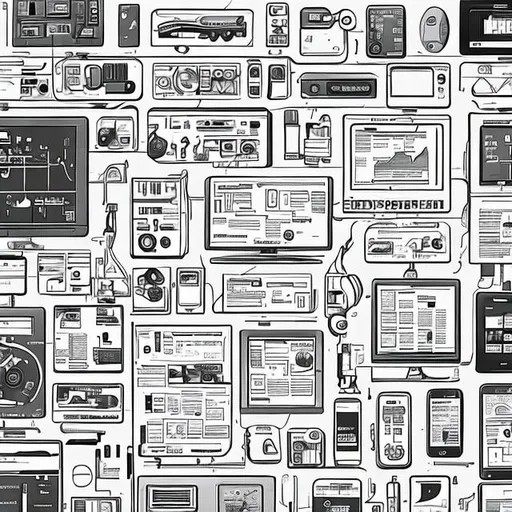 Prompt: A page drawn full of technology images in black and white ,ai tools