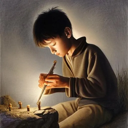 Prompt: drawing, 
The boy had never seen anything like this, he was razed in the mountains and his father wasn’t a musician but he got hooked on the unique instrument from the first second he saw it, so he got closer.

With every step, he felt better and better, when he was close enough, he touched the instrument and the light got even brighter. He touched the strings and the melody started coming from it which made him feel really good. The feeling was like filling a hole in his life. He took the instrument and went back outside the cave and then back to his father to show what he has found.