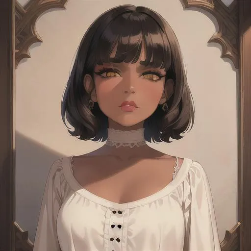 Prompt: (masterpiece, illustration, best quality:1.2), wearing a white silky nightgown, brown skin, mad face, detailed eyes, medieval style, short straight hairstyle, black hair, devilish like yellow eyes, black eyelashes, best quality face, best quality, best quality skin, best quality eyes, best quality lips, ultra-detailed eyes, ultra-detailed hair, ultra-detailed, illustration, colorful, soft glow, 1 girl