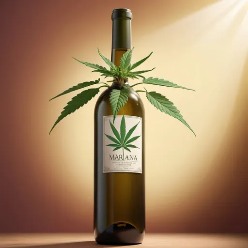 Prompt: Realistic digital illustration of a marijuana plant sprouting from a wine bottle, detailed botanical features, rich earthy tones, warm natural lighting, high quality, realistic, detailed foliage, organic, wine bottle, marijuana plant, earthy tones, natural lighting, detailed botanical features