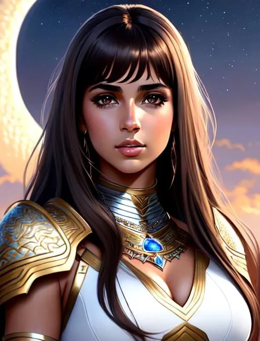 Prompt: Naomi Scott with moon background, parted bangs, brown hair, brown eyes, ethereal, white dragon armor, jewelry set balayage wild hair, royal vibe, highly detailed, digital painting, Trending on artstation , HD quality, tan skin, Big Eyes,artgerm, by Ilya Kuvshinov 