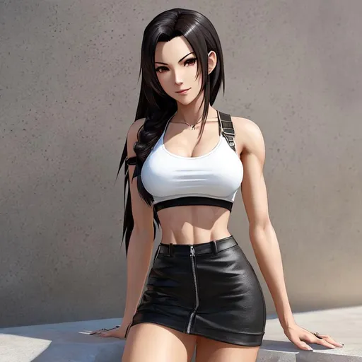 Prompt: semi-realistic anime Tifa from Final Fantasy, skin highlights, hair highlights, movie scene, glamour, looking at viewer, wonderful face, very detailed face, extremely detailed face, highly detailed face, soft smile, happy, perfect face, perfect eyes, perfect teeth, perfect body, perfect anatomy, beautiful body, trending on instagram, trending on tiktok, trending on artstation, trending on cgsociety, white sclera, photorealistic, masterpiece, cinematic, 16k artistic photography, epic, drama, romance, glamour, beauty, cinematic lighting, dramatic lighting, insanely detailed, soft natural volumetric cinematic lighting, award-winning photography, rendering, hd, high definition, highly detailed