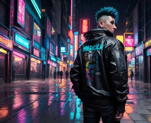 Prompt: mid-shot, ground view, wide low angle, panorama, DOF; (extremely detailed cyberpunk city background with bright neon lighting)! photorealistic,  a rainy street at misty evening light!  3/4 side back view Cyberpunk boy with detailed beautiful face with Mohawk in colorful cyberpunk jacket, featured on DeviantArt, Pixiv, Jeremy Mann, Ray Tracing, mixed media, digital illustration, dramatic lighting, DOF, Bokeh: +4.