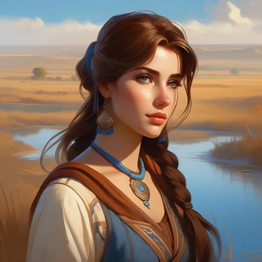 Prompt: Third person, gameplay, ancient Magyar girl, pale skin, brown hair, brown eyes, steppe, fog, blue atmosphere, cartoony style, extremely detailed painting by Greg Rutkowski and by Henry Justice Ford and by Steve Henderson 