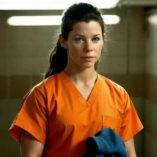 Prompt: Young Evangeline lilly in prison wearing orange scrubs prison uniform