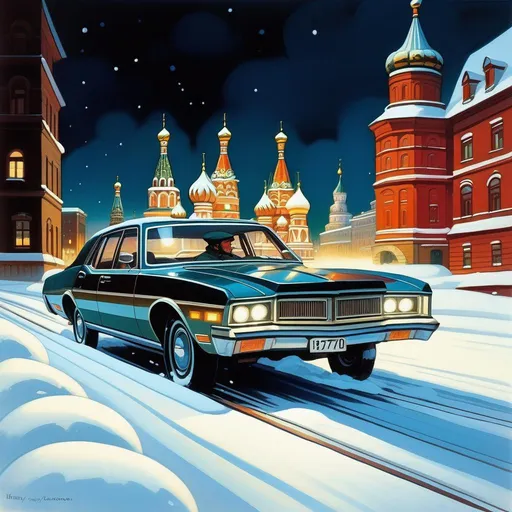 Prompt: 1970s, Moscow at night, car chase, snow, cold atmosphere, cartoony style, extremely detailed painting by Greg Rutkowski and by Henry Justice Ford and by Steve Henderson