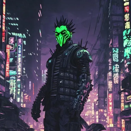 Prompt: Original villain.  Exaggerated Brawn. devious. Very Dark image with lots of shadows. Background partially destroyed neo Tokyo. Noir anime. Gritty. Dirty. Black with neon forest green accents. armour. Creepy mask. Bionic enhancements. Glowing evil symbol on chest. Axes in hands