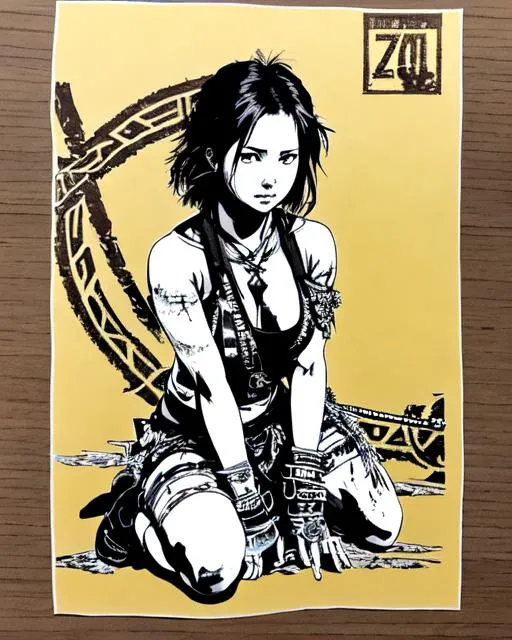 Prompt: (((Yoji Shinkawa))), sticker of ultra detailed portrait of Naomi Scott in tribal cueitl kneeling,  chained to a post in the middle of tribal village, brusied face, bloody, high quality cell shaded illustration in post apocalyptic style by Yoji Shinkawa,(((dynamic pose))), ((full body)),  perfect anatomy, centered, freedom, soul, brown long hair, approach to perfection, cell shading, 4k , cinematic dramatic atmosphere, watercolor painting, global illumination, detailed and intricate environment, artstation, concept art, fluid and sharp focus, volumetric lighting, cinematic lighting, Art by Yoji Shinkawa and by Ilya Kuvshinov 
