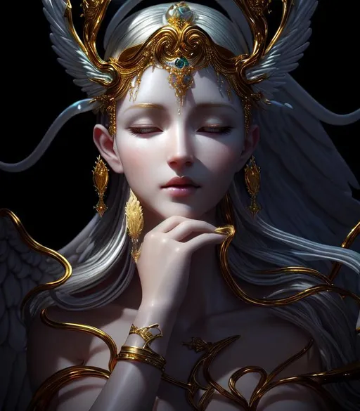 Prompt: Holy, Radiant, Majestic, 3D, HD, Cinematic lighting, (Beautiful {biblical angel}Female, {liquid}gold silver jade ivory sapphire), expansive heavenly background beautiful dark chaos, hyper realistic, 8K --s98500