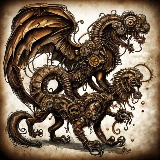 Prompt: manticore steampunk with coffee spill art