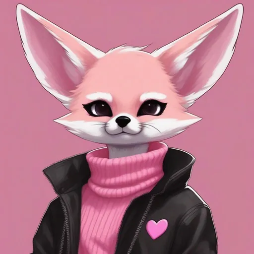 Prompt: Pink punk hair, pink fennec fox, black pink eyes, with a black eyepatch on the right eye with a pink heart shape on the black eyepatch, with pink cheeks, dark brown long sweater with sleeves, black pants with a black belt