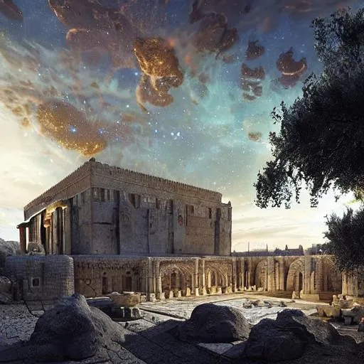 Prompt: Solomon's Temple in Jerusalem as described in the Hebrew Bible
dark night sky with milky way, unparalleled masterpiece, best quality, perfect artwork, highly detailed buildings, highly detailed landscape, octane render, cinematic, highly detailed and intricate, rich deep colors, production cinematic character render, 8K ultra high quality model, perfect composition, unreal engine, artistic photography, photorealistic concept art, soft natural volumetric cinematic perfect light, golden ratio, harmonious color scheme, balanced composition, professional execution