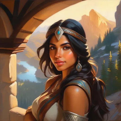 Prompt: Latina girl in Skyrim, cartoony, sunny atmosphere, extremely detailed painting by Greg Rutkowski and by Henry Justice Ford and by Steve Henderson