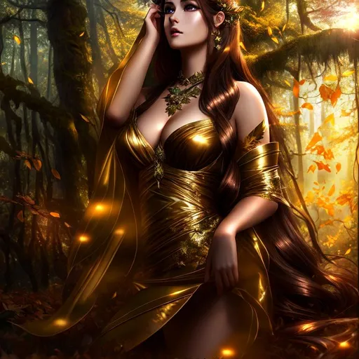 Prompt: Cinematic, Dark, Glamor, Shimmer, 3D HD Heroic Faded-Leaves and silk (Beautiful detailed face{Goddess}female with brown hair dressed as Princess), Morning, hyper realistic, 8K expansive Magical forest background --s99500