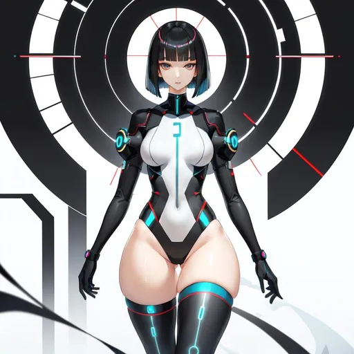 Prompt: a lonely AI girl, very tall, thick thighs, wide hips, long legs, slender arms, slender waist, big beautiful symmetrical eyes, intriguingly beautiful face, aloof expression, bob haircut with bangs, Minimalist art style, 12K resolution, hyper quality, hyper-detailed, hyper-realistic, hyper-professional