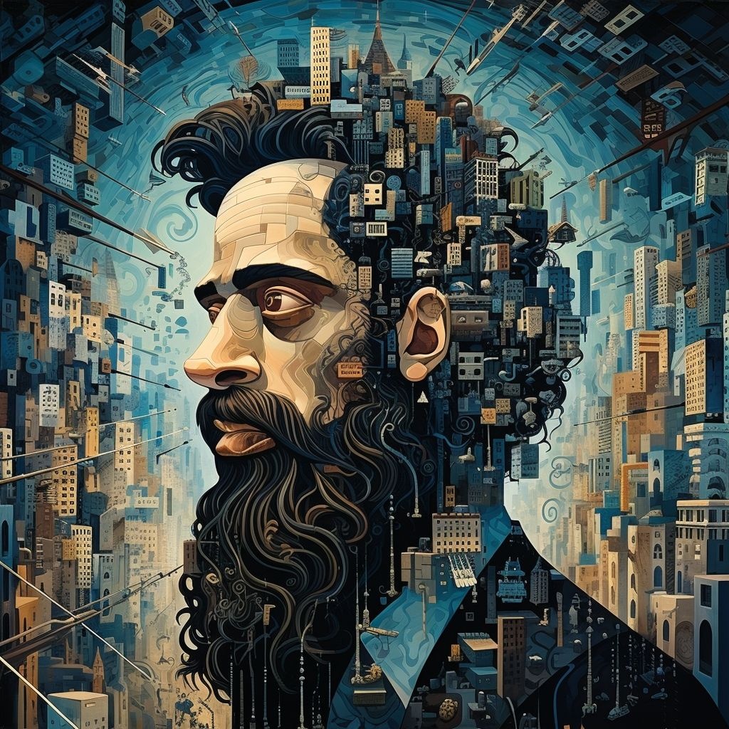 Prompt: an illustration of a man wearing a beard in the city, in the style of futurist mechanical precision, alejandro burdisio, hard edge painter, yasuo kuniyoshi, cubist deconstructions, cliff chiang, technological marvels