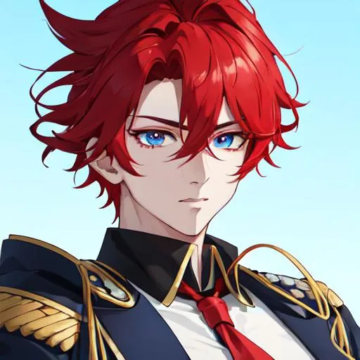 Prompt: Zerif 1male as a male police officer (Red side-swept hair covering his right eye)UHD, 8K, Highly detailed, insane detail, best quality, high quality, wearing a blue male police uniform, anime style