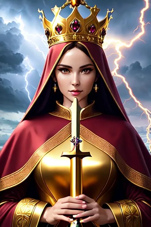 Prompt: Realistic full body image of Beautiful woman with detailed face as a Catholic Virgin, red velvet mantle, sword in her left hand, and a golden chalice in her right hand, golden crown, halo of a Catholic saint, stormy sky, clouds, lightning and flashes of lightning, intricate, elegant, highly detailed, digital painting, arts station, concept art, soft, sharp focus, illustration, art by artgerm and greg rutkowski and tomas scholes and william - adolphe bouguereau