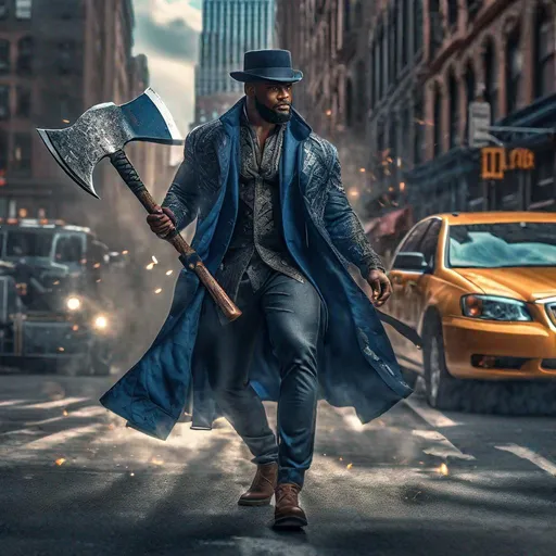 Prompt: Hulking Black Man magician in urban clothes wielding and axe, hdr render, soft lighting , full body, digital painting, studio photo, intricate details, professional, highly detailed, 8k uhd, epic, stunning, in New York city, action shot, soft, voluminous 