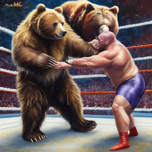 Prompt: (realistic photo, professional phot, oil painting) A bear and a giant cat in a WWE wrestling match with gore