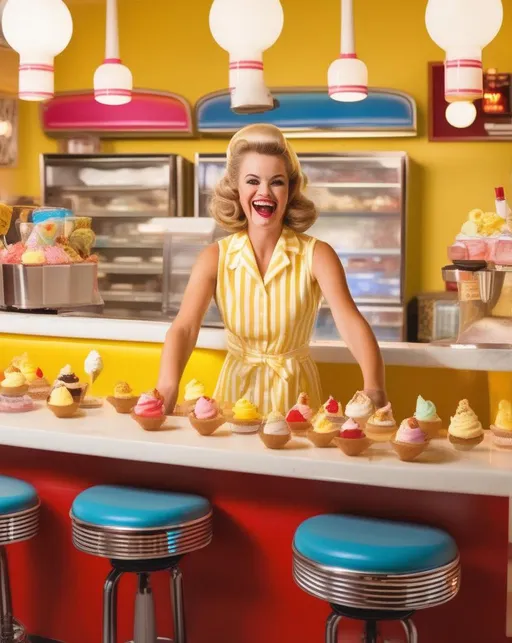 Prompt: A playful retro ice cream parlor scene for Banana Split Day with a yellow and white striped counter and 60s style stools where a smiling woman in a yellow dress and white apron prepares an over-the-top colorful banana split sundae under warm incandescent lighting, loaded with scoops of ice cream, bananas, chocolate sauce, sprinkles, whipped cream, and a cherry on top, styled with a 35mm lens to have a bright fun mood. 