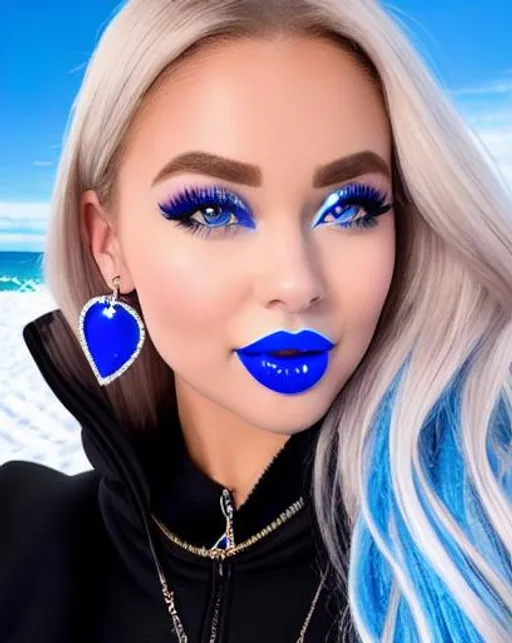 Prompt: Kayleigh McEnany eating candy, blue lipstick, snowy beach, blue heart necklaces, Thick blue nylon jacket, Black Plane, pleasant face, blue spiral eyes, Black-purple eyeshadow, long ice earrings. Cold color scheme, ultradetailed, 8k resolution, perfect, smooth, high quality, shiny. 