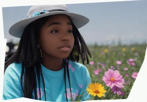 Prompt: A black girl sitting in a flowery meadow with a hat that has "petty" written on it.