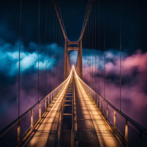 Prompt: massive empty suspension bridge to nowhere, illuminated with colors, side view from high up, can only see one half, and one side goes into thick fog the color of oil slick