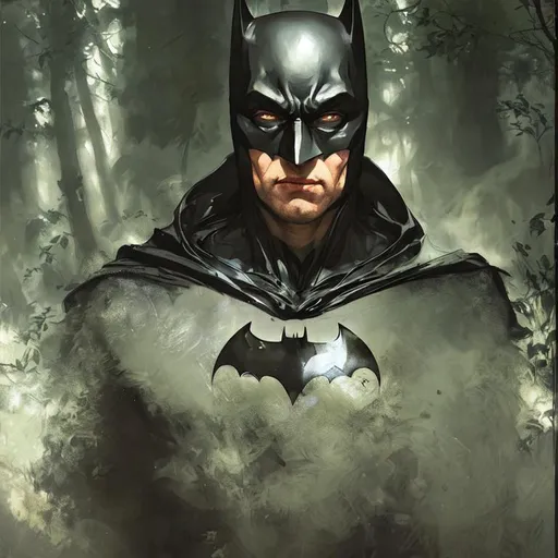 Prompt: hyperrealist full body portrait of batman in the smoky forest by jeremy mann and alphonse mucha, J.C. Leyendecker, photo realistic, dynamic lighting, artstation, poster, volumetric lighting, very detailed faces, 4k, award winning, smooth, sharp focus, intricate