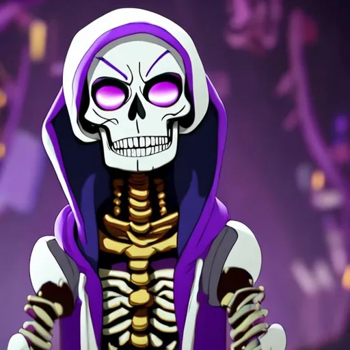 Prompt: A slim 5'9 skeleton with glowing white eyes and wearing a purple and green hoodie with a gold heart locket pendent and black fingerless gloves smiling animated undertale
