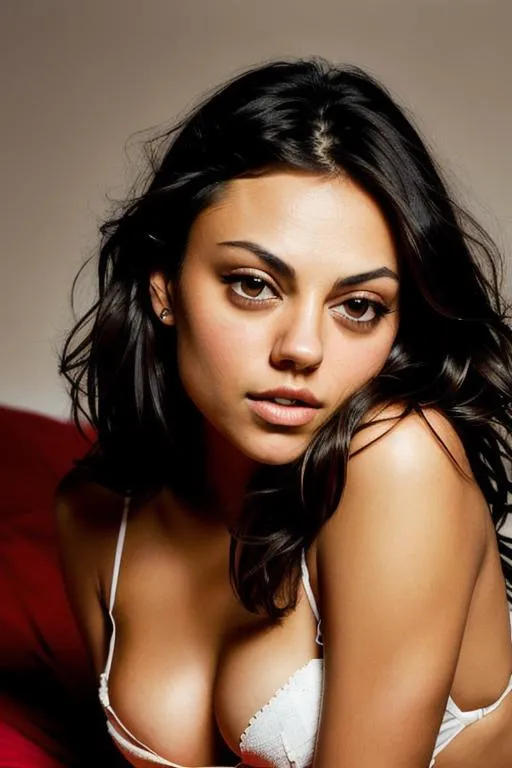 Prompt: Please produce photography of a beautiful girl, looks like Mila Kunis at 18 with pretty eyes lying a on bed in seductive poses in a professional photoshoot and messy hair, symmetrical face, Bright eyes with highlights . professional lighting, highly detailed in the photography style of Petter Hegre art by greg rutkowski slightly open sensual mouth professionally retouched