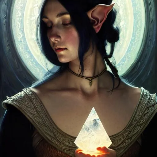 Prompt: portrait of a female mage elf with black  hair casting a sacred ice  spell, d & d, fantasy, intricate, elegant, highly detailed, digital painting, artstation, concept art, matte, sharp focus, illustration, art by greg rutkowski and alphonse mucha, 