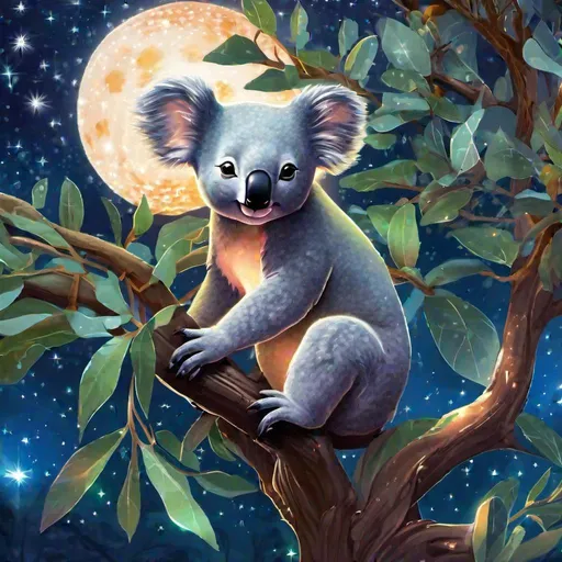 Prompt: A translucent koala that is glowing, in a eucalypt tree with large leaves, beneath the stars, bioluminescent, highres, best quality, concept art