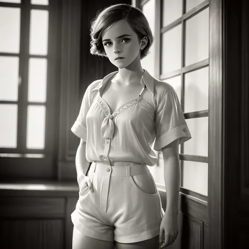 Prompt: old time photo of young emma Watson, dressed with 1920s very short hair, wearing a light white shirt and tight shorts, France, raw photo, photorealistic, High Detail, dramatic, UHD, HDR raw photo, realistic, sharp focus, 8K high definition, insanely detailed, intricate, high quality, 