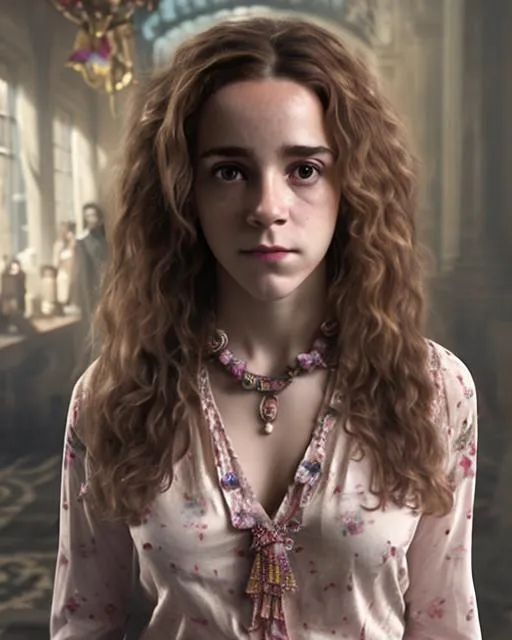 Prompt: Hermione Granger wearing a floral patterned blouse, a big candy necklace around her neck. ultra detailed, highly detailed scenario, photorealistic, intricate, masterpiece, UHD, HDR, symmetric, coherent, epic detail, stunning, beautiful, ,lumen render ,lumen path tracing ,path tracing light ,path tracing shadow ,path tracing special fx, 