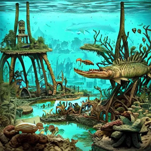 Prompt: surreal micro world underwater with alligator gar fish and old destroyed Malaysian ruins browns