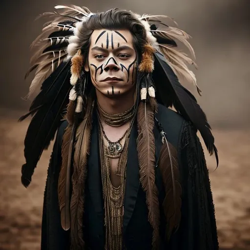 Prompt: harry styles, indian face paint, dark face tattoos, feather headdress, brown, beige, silver robe