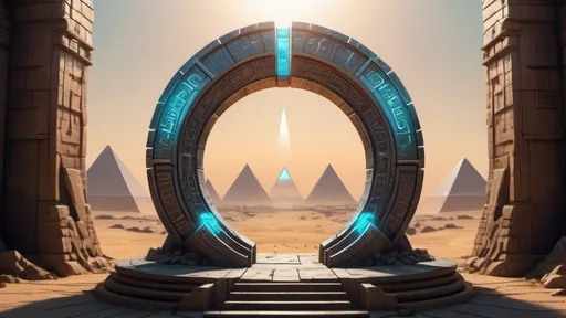 Prompt: circular portal, gateway between cities realms worlds kingdoms, ring standing on edge, freestanding ring, hieroglyphs on ring, complete ring, obelisks, pyramids, panoramic view, cyberpunk setting