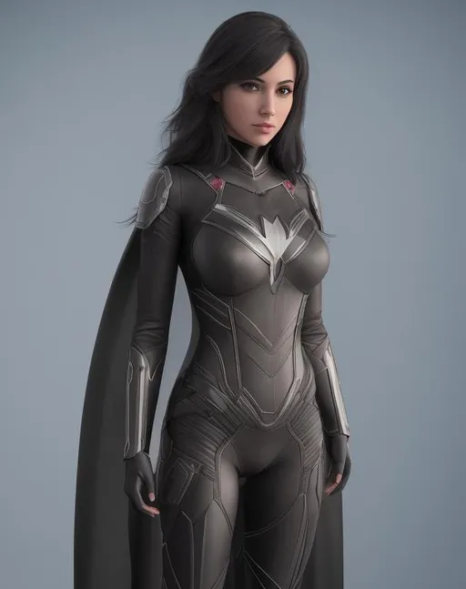 Prompt: hyper realistic 4d, engine unreal, full length body shot photograph of a beautiful woman dressed up in a super hero costume