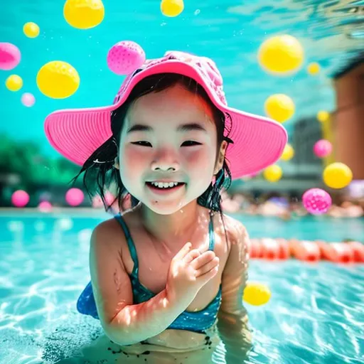 Prompt: a little girl swims in an pool while wearing a pink hat, in the style of traditional chinese, smilecore, dark yellow and teal, candid, dotted, energetic, ferrania p30 --ar 3:2 --style raw --v 5.1